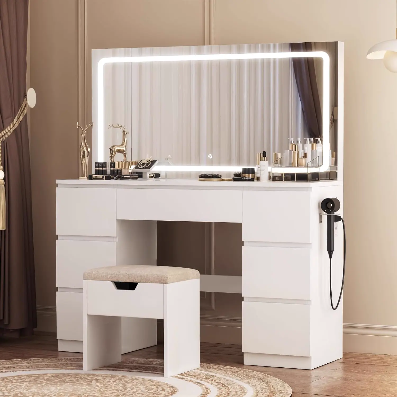 Elara LED vanity desk with illuminated mirror and matching stool — image 1
